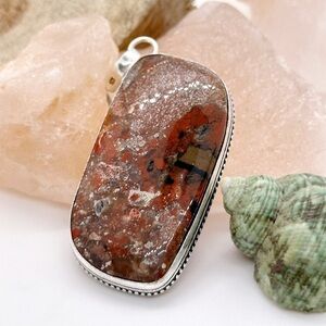 HUGE Beautiful Red Jasper Silver Gemstone Pendant Necklace